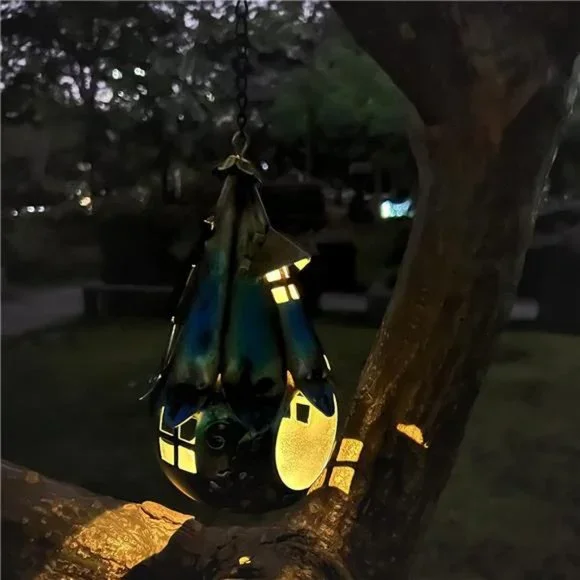 Solar Bird Feeder - Hanging 2 in 1 Solar Iron Bird House with LED Lights - Picture 3 of 4